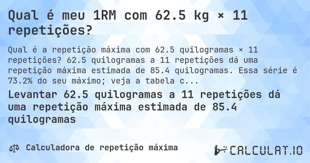 Qual é meu 1RM com 62.5 kg × 11 repetições?. 62.5 quilogramas a 11 repetições dá uma repetição máxima estimada de 85.4 quilogramas. Essa série é 73.2% do seu máximo; veja a tabela completa.