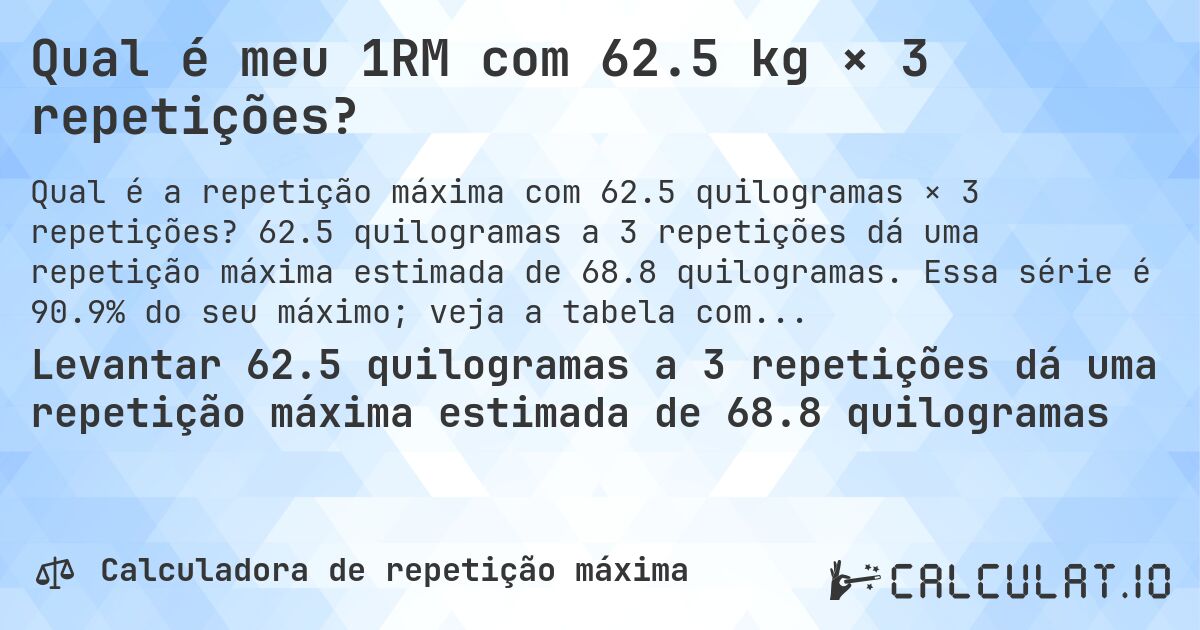 Qual é meu 1RM com 62.5 kg × 3 repetições?. 62.5 quilogramas a 3 repetições dá uma repetição máxima estimada de 68.8 quilogramas. Essa série é 90.9% do seu máximo; veja a tabela completa.
