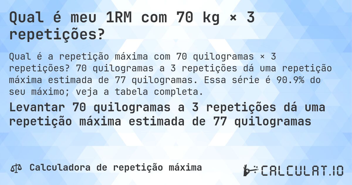 Qual é meu 1RM com 70 kg × 3 repetições?. 70 quilogramas a 3 repetições dá uma repetição máxima estimada de 77 quilogramas. Essa série é 90.9% do seu máximo; veja a tabela completa.