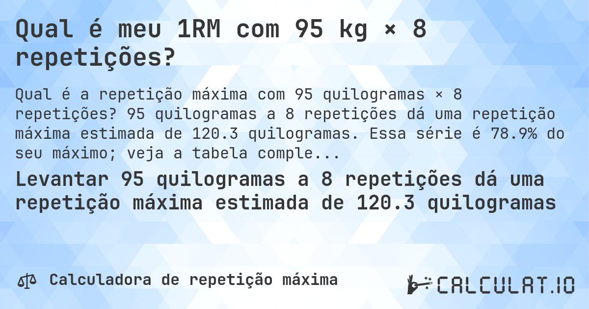Qual é meu 1RM com 95 kg × 8 repetições?. 95 quilogramas a 8 repetições dá uma repetição máxima estimada de 120.3 quilogramas. Essa série é 78.9% do seu máximo; veja a tabela completa.
