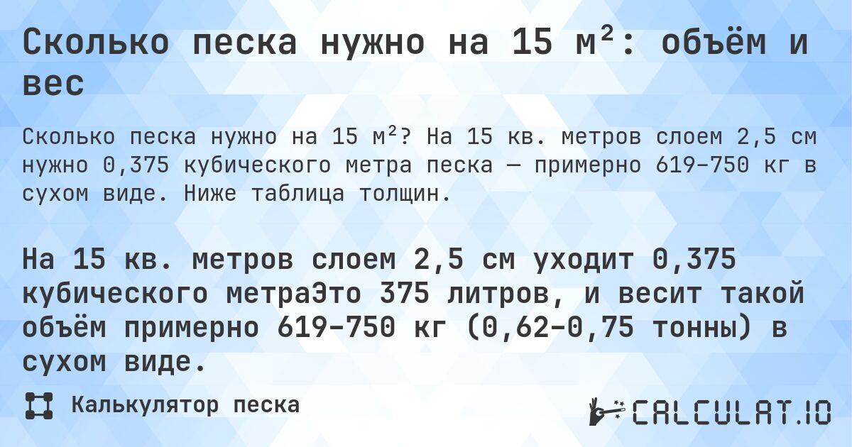 Сколько песка нужно на 15 м²: объём и вес. На 15 кв. метров слоем 2,5 см нужно 0,375 кубического метра песка — примерно 619–750 кг в сухом виде. Ниже таблица толщин.