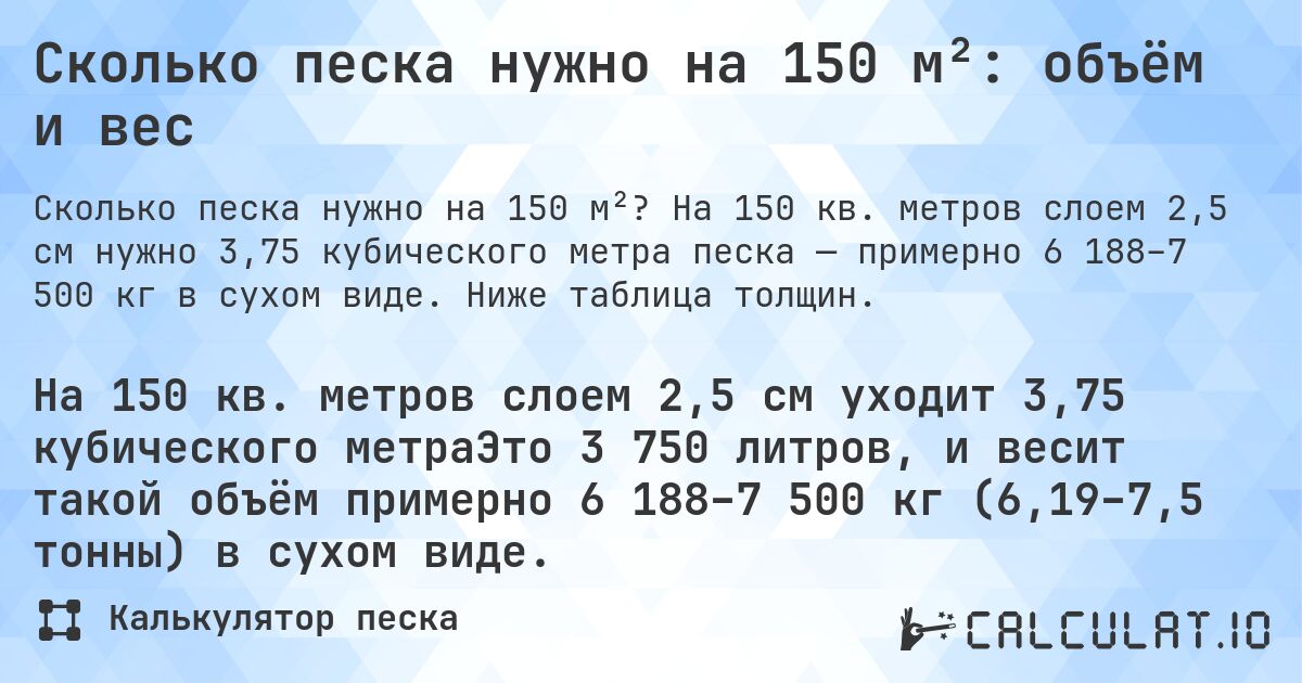 Сколько песка нужно на 150 м²: объём и вес. На 150 кв. метров слоем 2,5 см нужно 3,75 кубического метра песка — примерно 6 188–7 500 кг в сухом виде. Ниже таблица толщин.