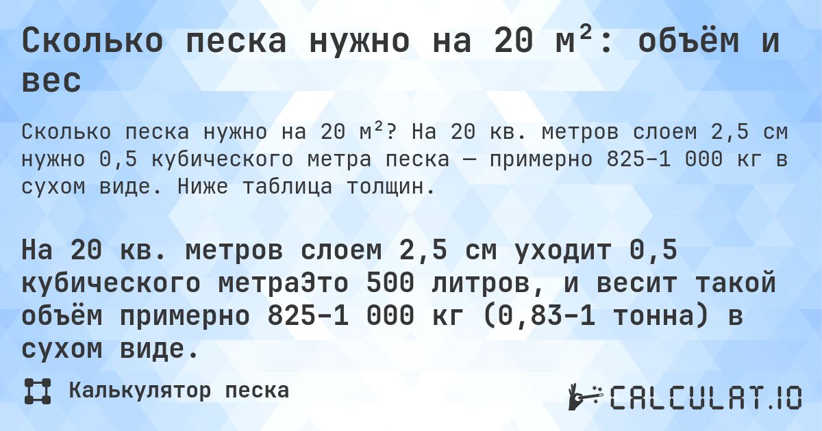 Сколько песка нужно на 20 м²: объём и вес. На 20 кв. метров слоем 2,5 см нужно 0,5 кубического метра песка — примерно 825–1 000 кг в сухом виде. Ниже таблица толщин.