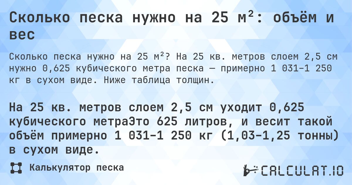 Сколько песка нужно на 25 м²: объём и вес. На 25 кв. метров слоем 2,5 см нужно 0,625 кубического метра песка — примерно 1 031–1 250 кг в сухом виде. Ниже таблица толщин.