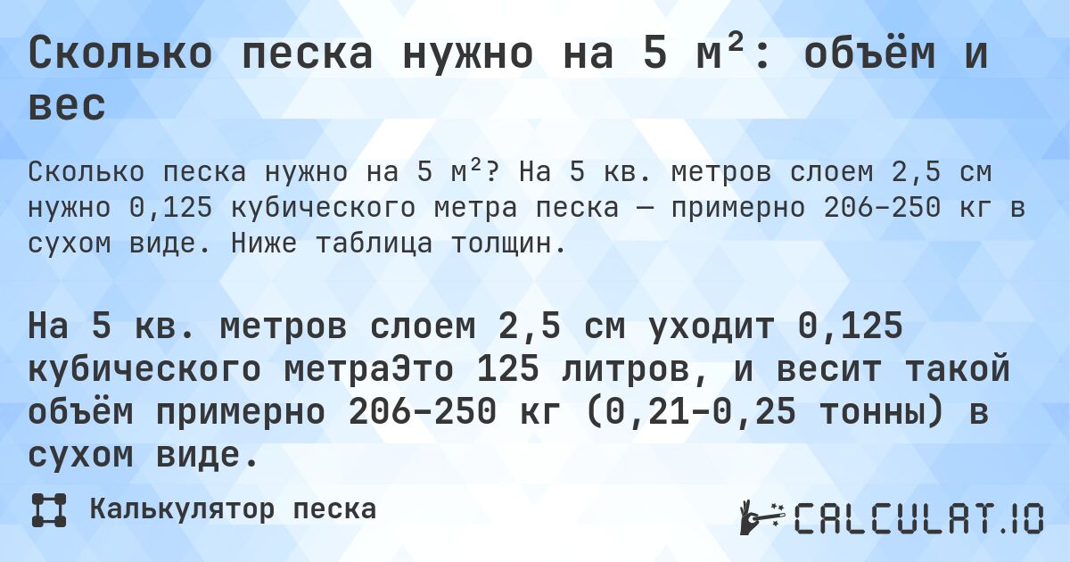 Сколько песка нужно на 5 м²: объём и вес. На 5 кв. метров слоем 2,5 см нужно 0,125 кубического метра песка — примерно 206–250 кг в сухом виде. Ниже таблица толщин.