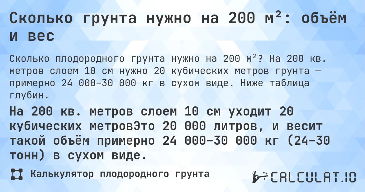 Сколько грунта нужно на 200 м²: объём и вес. На 200 кв. метров слоем 10 см нужно 20 кубических метров грунта — примерно 24 000–30 000 кг в сухом виде. Ниже таблица глубин.