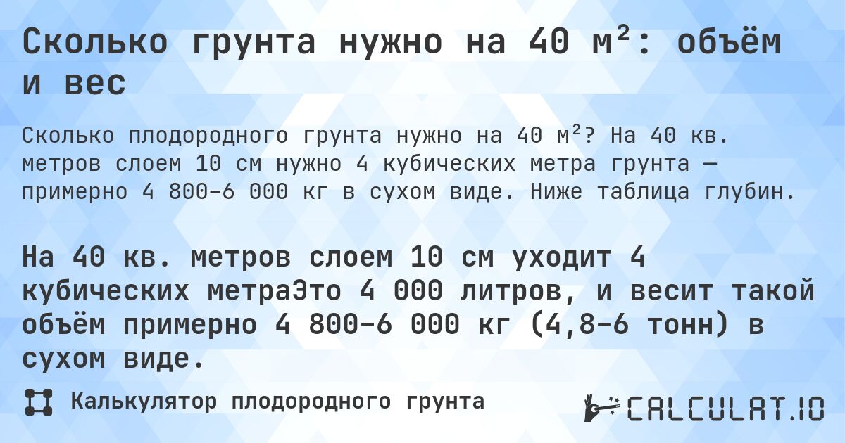 Сколько грунта нужно на 40 м²: объём и вес. На 40 кв. метров слоем 10 см нужно 4 кубических метра грунта — примерно 4 800–6 000 кг в сухом виде. Ниже таблица глубин.