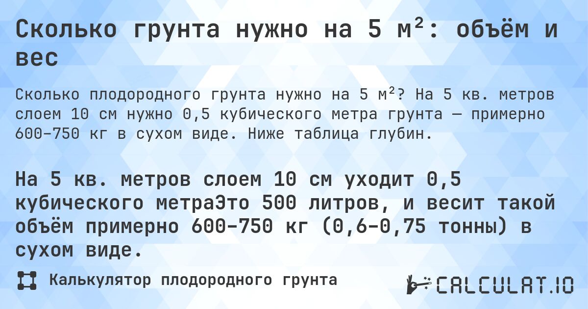 Сколько грунта нужно на 5 м²: объём и вес. На 5 кв. метров слоем 10 см нужно 0,5 кубического метра грунта — примерно 600–750 кг в сухом виде. Ниже таблица глубин.