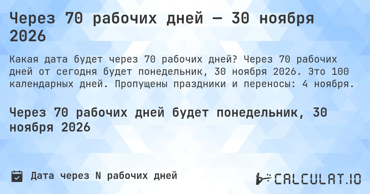 Через 70 рабочих дней — 30 ноября 2026. Через 70 рабочих дней от сегодня будет понедельник, 30 ноября 2026. Это 100 календарных дней. Пропущены праздники и переносы: 4 ноября.