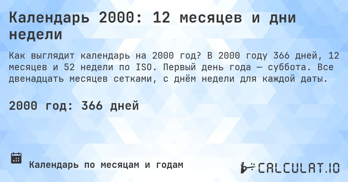 Календарь 2000: 12 месяцев и дни недели. В 2000 году 366 дней, 12 месяцев и 52 недели по ISO. Первый день года — суббота. Все двенадцать месяцев сетками, с днём недели для каждой даты.