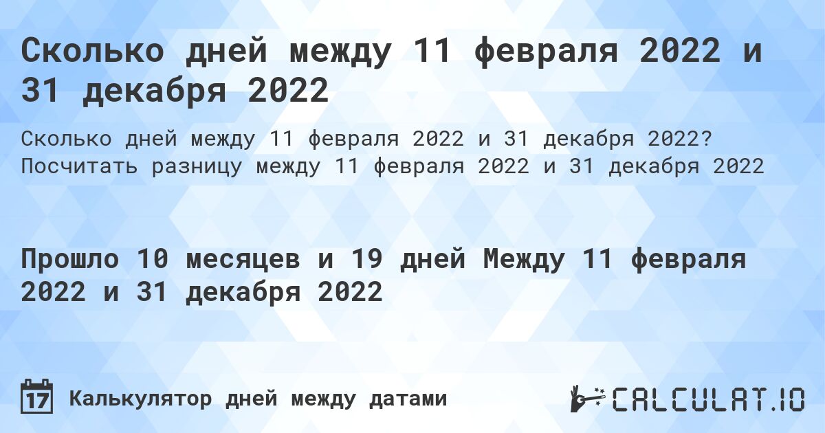 Сколько дней между 11 февраля 2022 и 31 декабря 2022. Посчитать разницу между 11 февраля 2022 и 31 декабря 2022