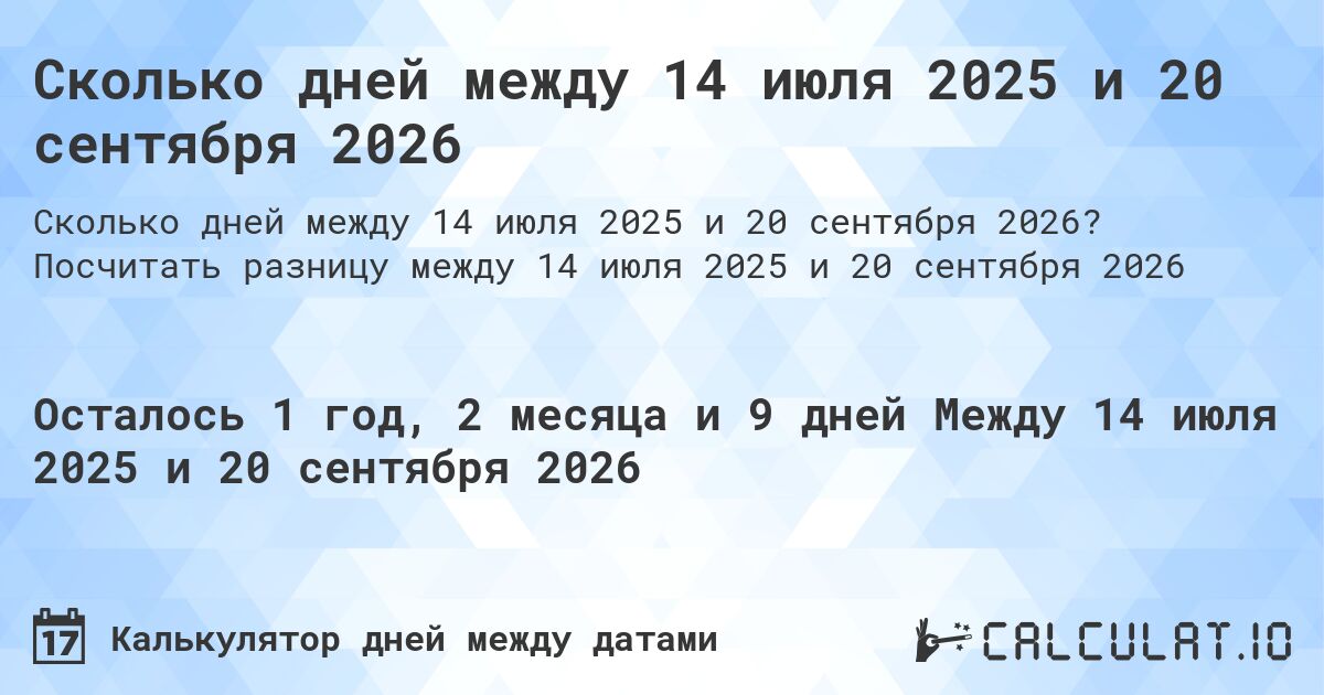 Сколько дней между 14 июля 2025 и 20 сентября 2026. Посчитать разницу между 14 июля 2025 и 20 сентября 2026