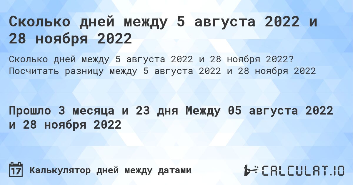 Сколько дней между 5 августа 2022 и 28 ноября 2022. Посчитать разницу между 5 августа 2022 и 28 ноября 2022