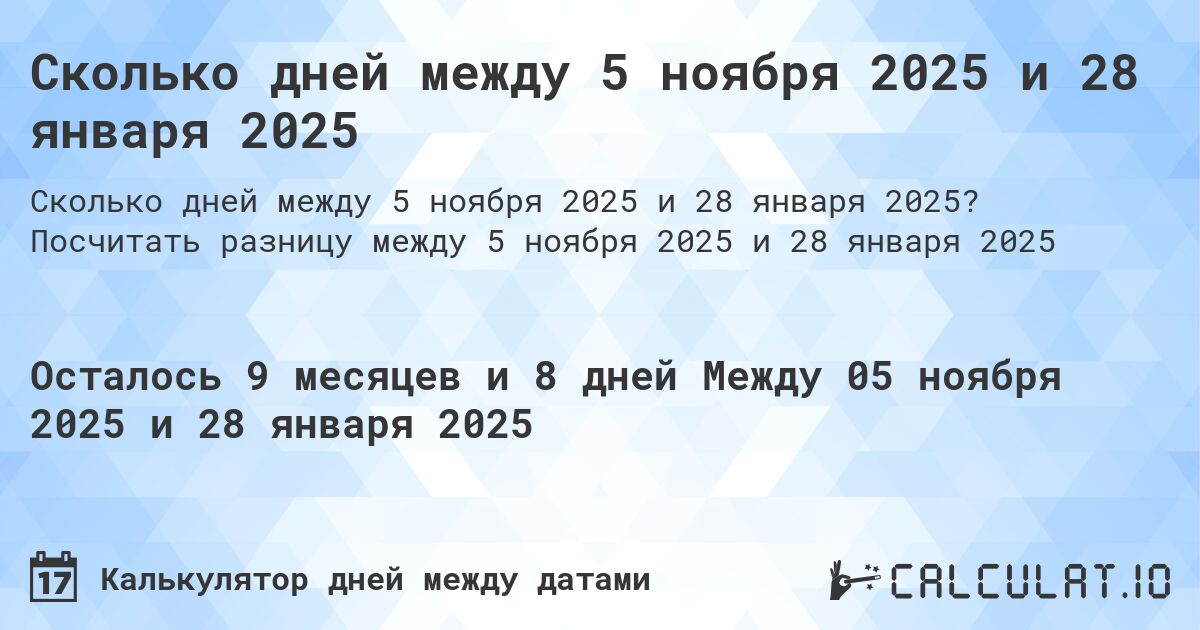 Сколько дней между 5 ноября 2025 и 28 января 2025. Посчитать разницу между 5 ноября 2025 и 28 января 2025