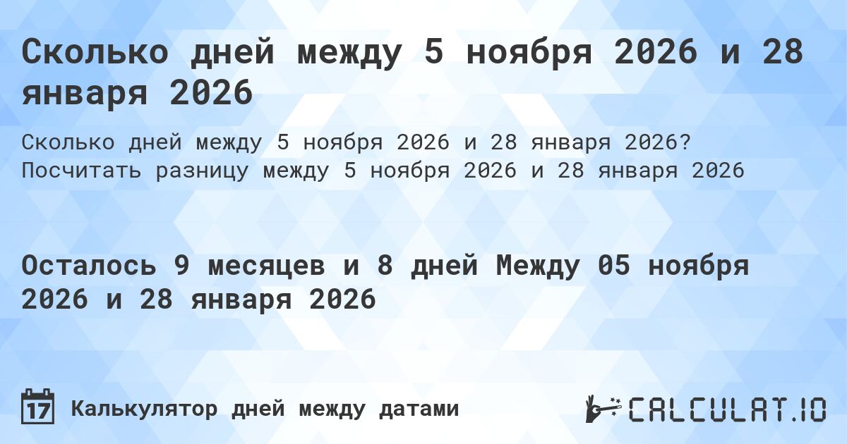 Сколько дней между 5 ноября 2026 и 28 января 2026. Посчитать разницу между 5 ноября 2026 и 28 января 2026