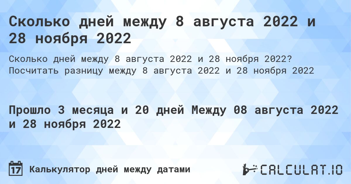 Сколько дней между 8 августа 2022 и 28 ноября 2022. Посчитать разницу между 8 августа 2022 и 28 ноября 2022