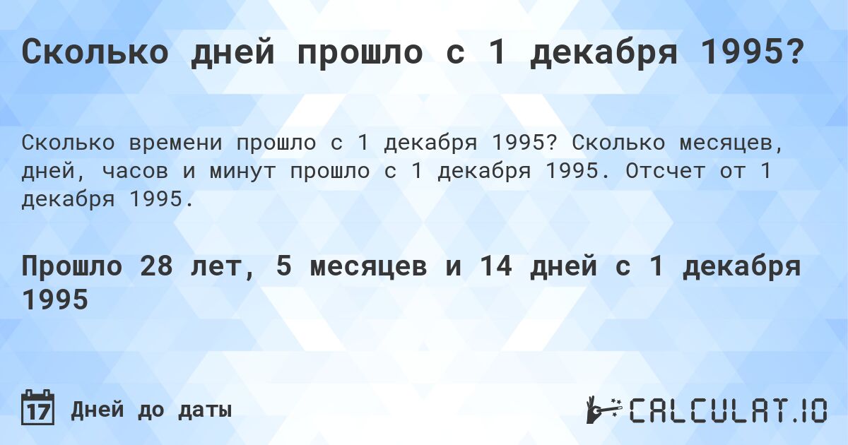 Сколько дней прошло с 1 декабря 1995?. Сколько месяцев, дней, часов и минут прошло с 1 декабря 1995. Отсчет от 1 декабря 1995.