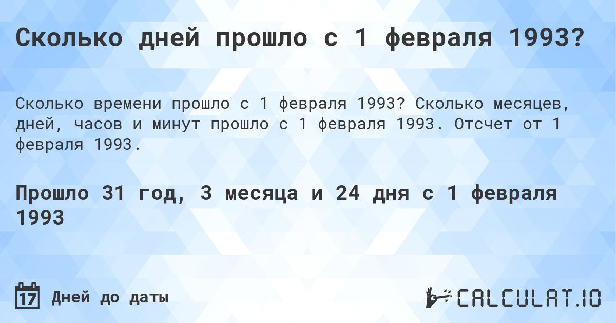 Сколько дней прошло с 1 февраля 1993?. Сколько месяцев, дней, часов и минут прошло с 1 февраля 1993. Отсчет от 1 февраля 1993.