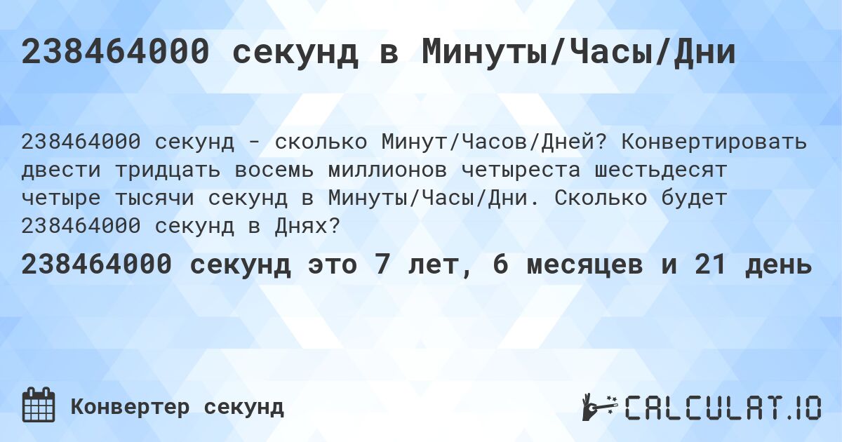 238464000 секунд в Минуты/Часы/Дни. Конвертировать двести тридцать восемь миллионов четыреста шестьдесят четыре тысячи секунд в Минуты/Часы/Дни. Сколько будет 238464000 секунд в Днях?