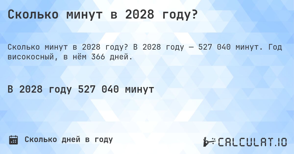 Сколько минут в 2028 году?. В 2028 году — 527 040 минут. Год високосный, в нём 366 дней.