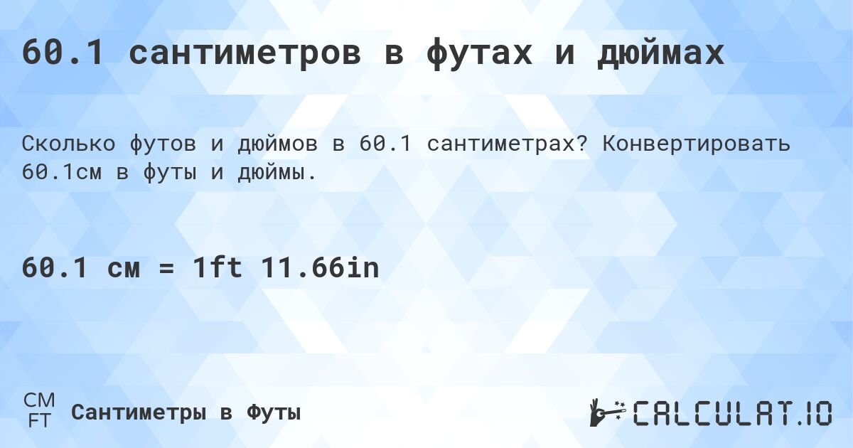 60.1 сантиметров в футах и дюймах. Конвертировать 60.1см в футы и дюймы.