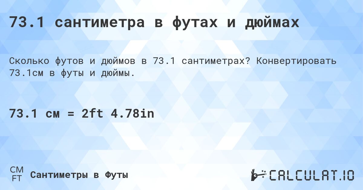 73.1 сантиметра в футах и дюймах. Конвертировать 73.1см в футы и дюймы.