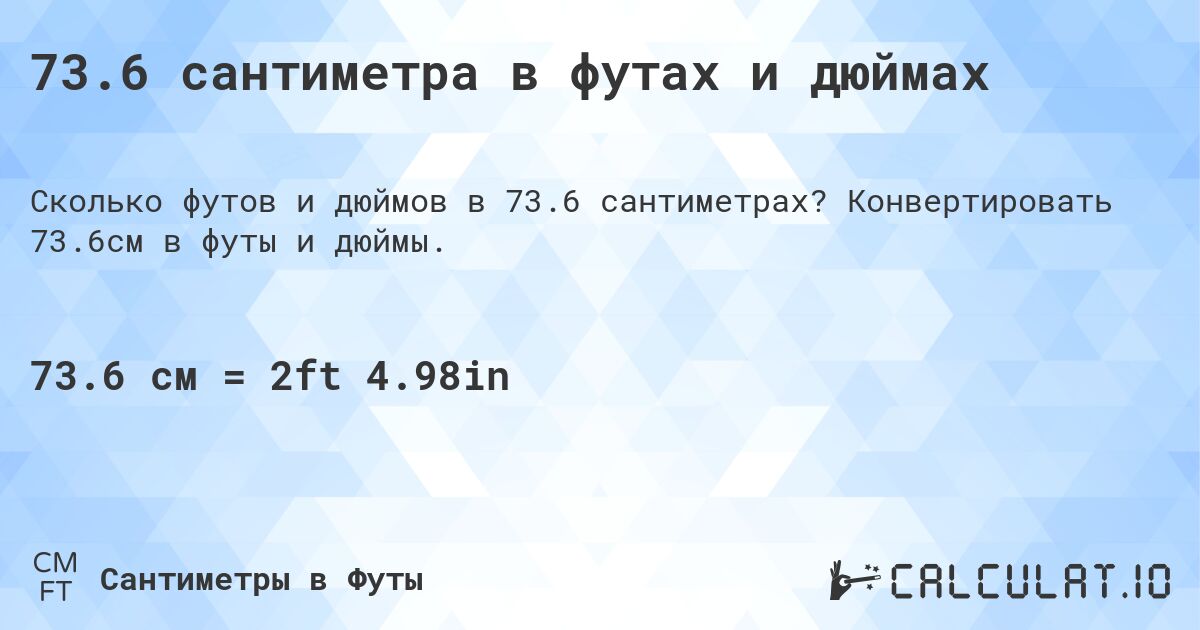 73.6 сантиметра в футах и дюймах. Конвертировать 73.6см в футы и дюймы.