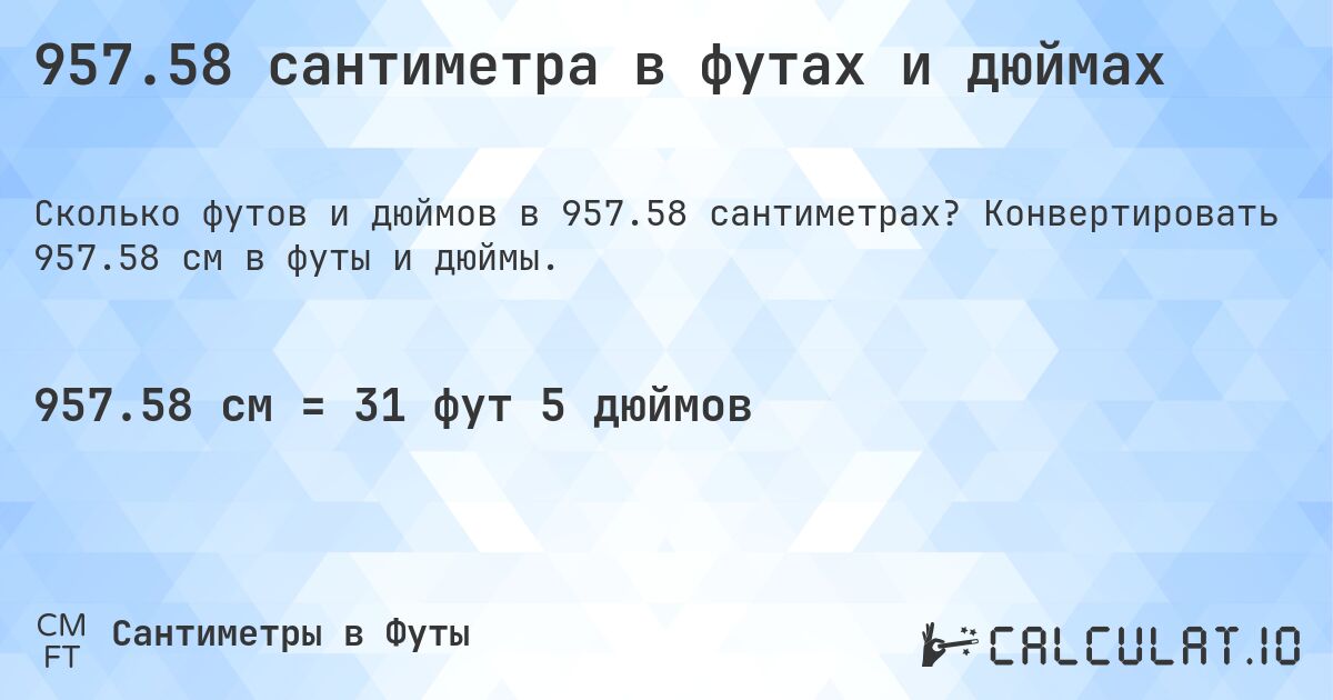 957.58 сантиметра в футах и дюймах. Конвертировать 957.58 см в футы и дюймы.