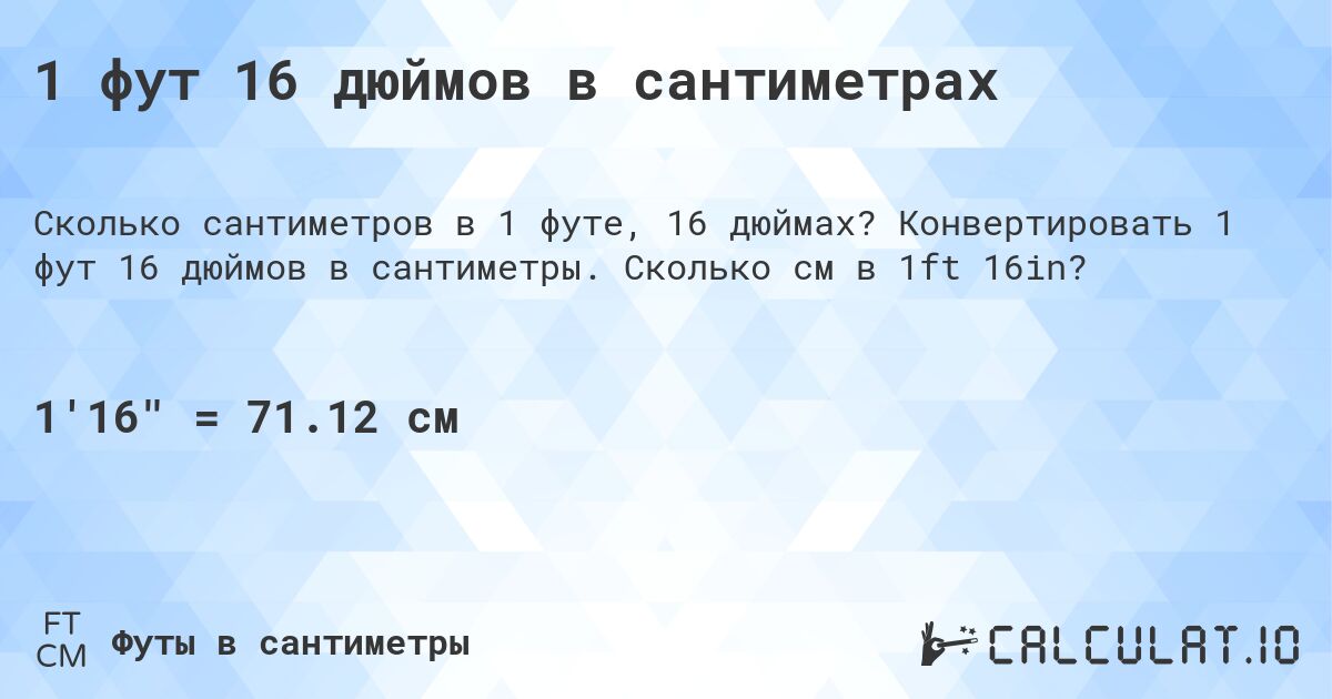 1 фут 16 дюймов в сантиметрах. Конвертировать 1 фут 16 дюймов в сантиметры. Сколько см в 1ft 16in?