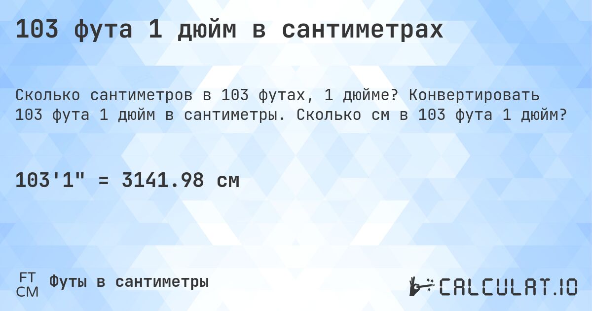 103 фута 1 дюйм в сантиметрах. Конвертировать 103 фута 1 дюйм в сантиметры. Сколько см в 103 фута 1 дюйм?