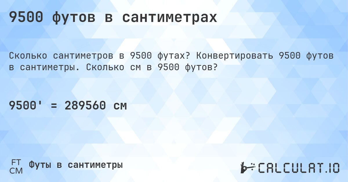 9500 футов в сантиметрах. Конвертировать 9500 футов в сантиметры. Сколько см в 9500 футов?