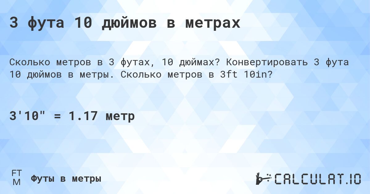 3 фута 10 дюймов в метрах. Конвертировать 3 фута 10 дюймов в метры. Сколько метров в 3ft 10in?