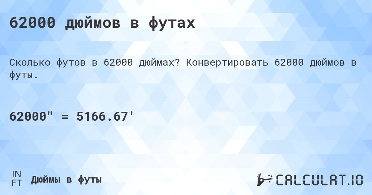62000 дюймов в футах. Конвертировать 62000 дюймов в футы.