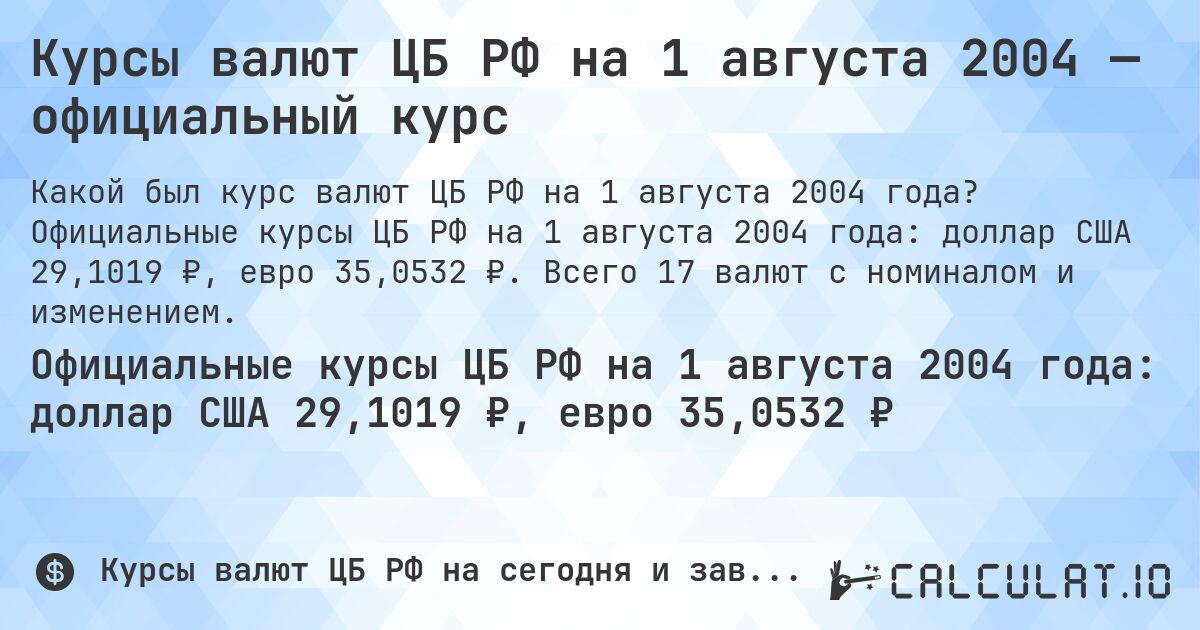 Курсы валют ЦБ РФ на 1 августа 2004 — официальный курс. Официальные курсы ЦБ РФ на 1 августа 2004 года: доллар США 29,1019 ₽, евро 35,0532 ₽. Всего 17 валют с номиналом и изменением.