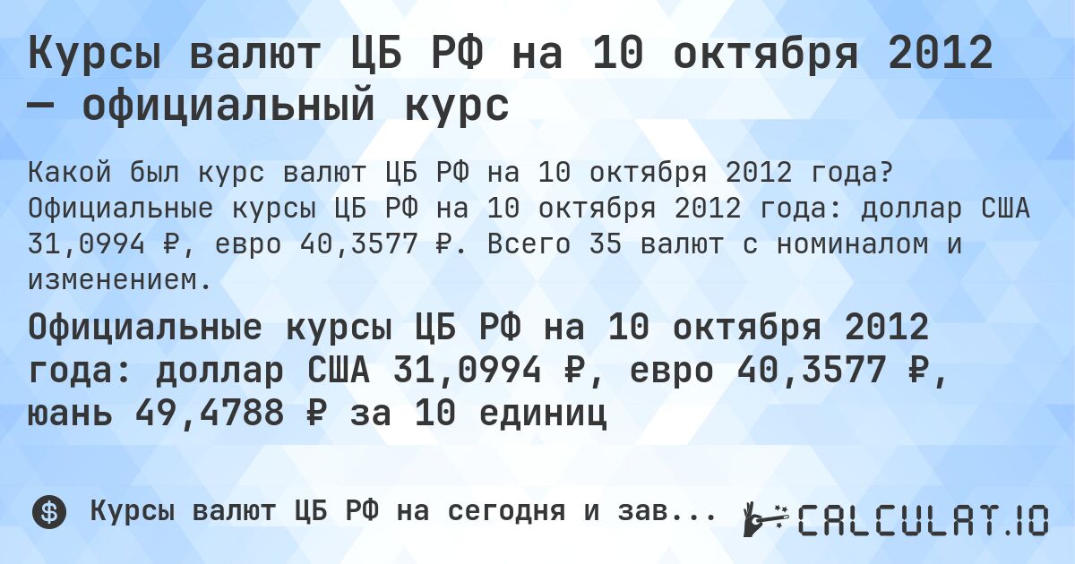 Курсы валют ЦБ РФ на 10 октября 2012 — официальный курс. Официальные курсы ЦБ РФ на 10 октября 2012 года: доллар США 31,0994 ₽, евро 40,3577 ₽. Всего 35 валют с номиналом и изменением.