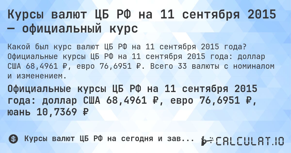 Курсы валют ЦБ РФ на 11 сентября 2015 — официальный курс. Официальные курсы ЦБ РФ на 11 сентября 2015 года: доллар США 68,4961 ₽, евро 76,6951 ₽. Всего 33 валюты с номиналом и изменением.