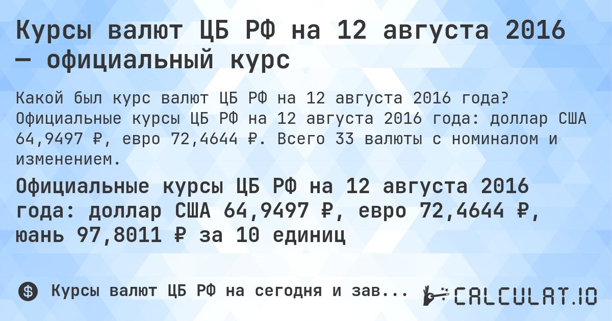 Курсы валют ЦБ РФ на 12 августа 2016 — официальный курс. Официальные курсы ЦБ РФ на 12 августа 2016 года: доллар США 64,9497 ₽, евро 72,4644 ₽. Всего 33 валюты с номиналом и изменением.