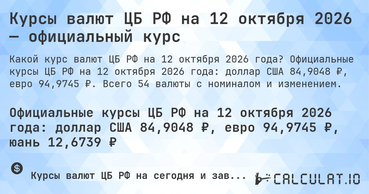 Курсы валют ЦБ РФ на 12 октября 2026 — официальный курс