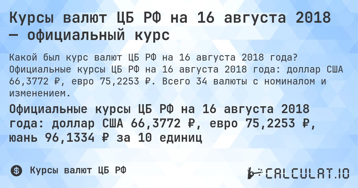 Курсы валют ЦБ РФ на 16 августа 2018 — официальный курс. Официальные курсы ЦБ РФ на 16 августа 2018 года: доллар США 66,3772 ₽, евро 75,2253 ₽. Всего 34 валюты с номиналом и изменением.