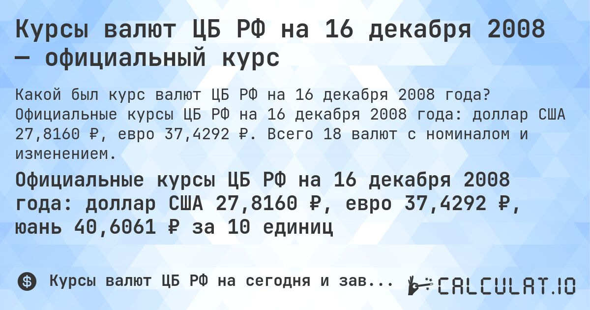 Курсы валют ЦБ РФ на 16 декабря 2008 — официальный курс. Официальные курсы ЦБ РФ на 16 декабря 2008 года: доллар США 27,8160 ₽, евро 37,4292 ₽. Всего 18 валют с номиналом и изменением.