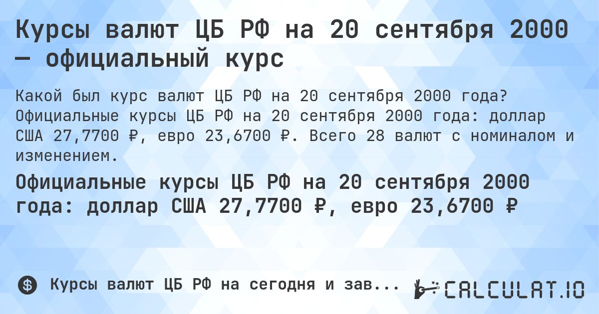 Курсы валют ЦБ РФ на 20 сентября 2000 — официальный курс. Официальные курсы ЦБ РФ на 20 сентября 2000 года: доллар США 27,7700 ₽, евро 23,6700 ₽. Всего 28 валют с номиналом и изменением.