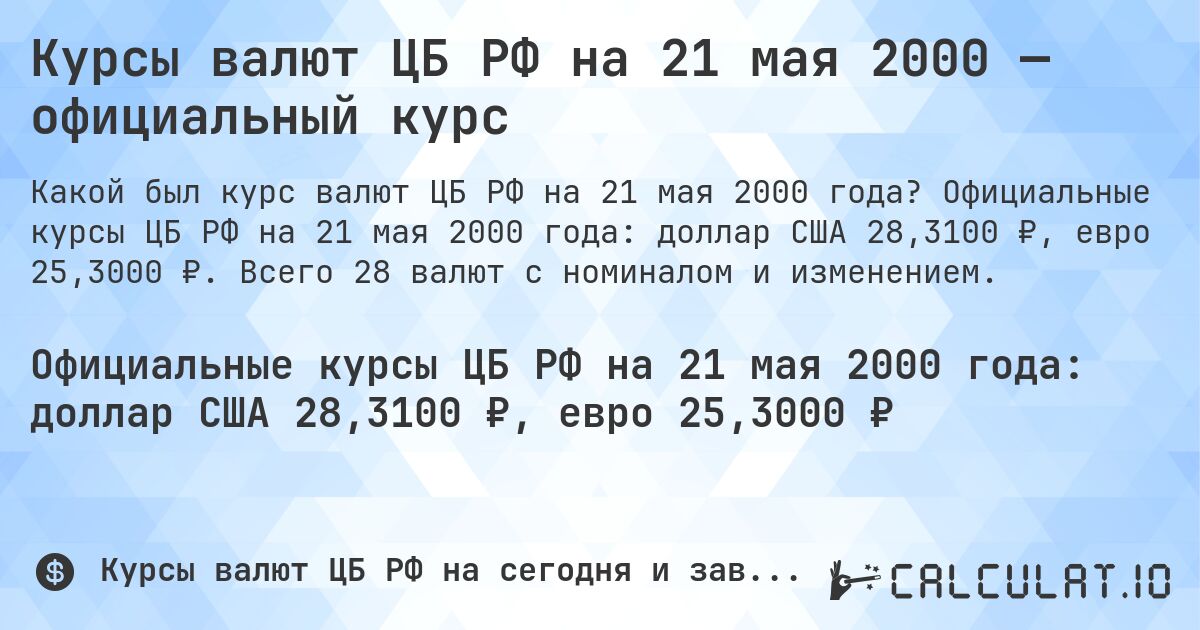 Курсы валют ЦБ РФ на 21 мая 2000 — официальный курс. Официальные курсы ЦБ РФ на 21 мая 2000 года: доллар США 28,3100 ₽, евро 25,3000 ₽. Всего 28 валют с номиналом и изменением.