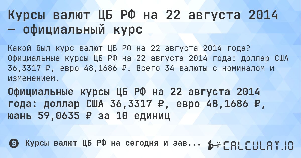 Курсы валют ЦБ РФ на 22 августа 2014 — официальный курс. Официальные курсы ЦБ РФ на 22 августа 2014 года: доллар США 36,3317 ₽, евро 48,1686 ₽. Всего 34 валюты с номиналом и изменением.