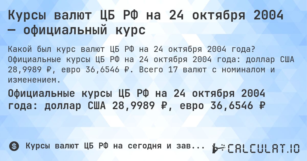Курсы валют ЦБ РФ на 24 октября 2004 — официальный курс. Официальные курсы ЦБ РФ на 24 октября 2004 года: доллар США 28,9989 ₽, евро 36,6546 ₽. Всего 17 валют с номиналом и изменением.