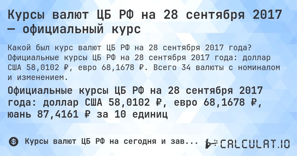 Курсы валют ЦБ РФ на 28 сентября 2017 — официальный курс. Официальные курсы ЦБ РФ на 28 сентября 2017 года: доллар США 58,0102 ₽, евро 68,1678 ₽. Всего 34 валюты с номиналом и изменением.