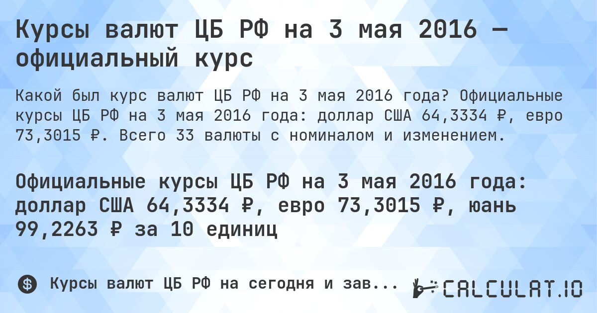 Курсы валют ЦБ РФ на 3 мая 2016 — официальный курс. Официальные курсы ЦБ РФ на 3 мая 2016 года: доллар США 64,3334 ₽, евро 73,3015 ₽. Всего 33 валюты с номиналом и изменением.