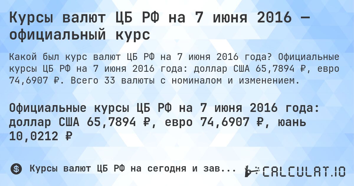 Курсы валют ЦБ РФ на 7 июня 2016 — официальный курс. Официальные курсы ЦБ РФ на 7 июня 2016 года: доллар США 65,7894 ₽, евро 74,6907 ₽. Всего 33 валюты с номиналом и изменением.