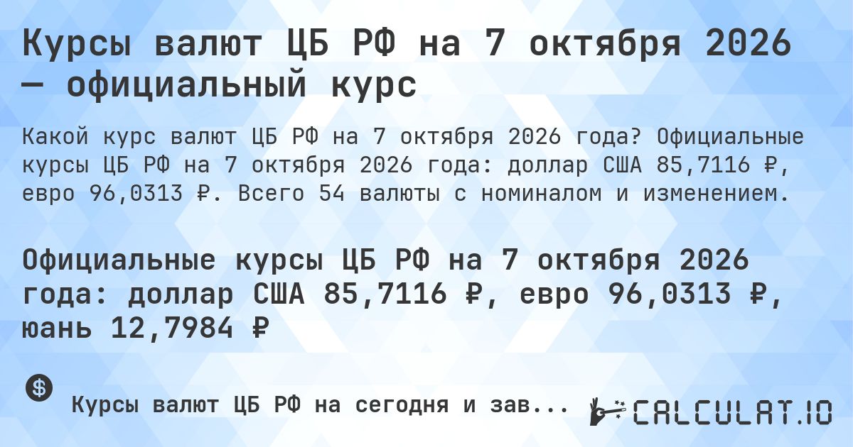 Курсы валют ЦБ РФ на 7 октября 2026 — официальный курс. Официальные курсы ЦБ РФ на 7 октября 2026 года: доллар США 85,7116 ₽, евро 96,0313 ₽. Всего 54 валюты с номиналом и изменением.
