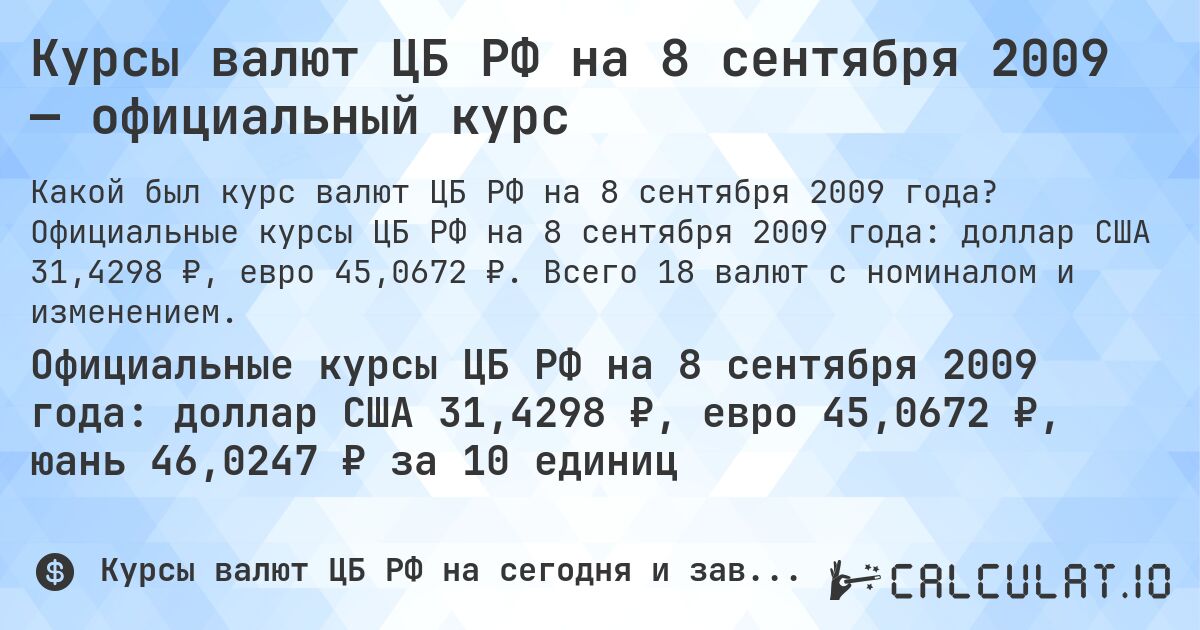 Курсы валют ЦБ РФ на 8 сентября 2009 — официальный курс. Официальные курсы ЦБ РФ на 8 сентября 2009 года: доллар США 31,4298 ₽, евро 45,0672 ₽. Всего 18 валют с номиналом и изменением.