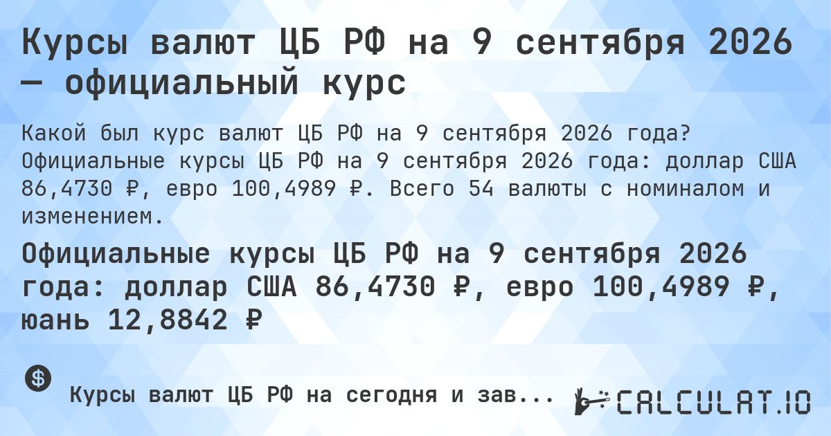 Курсы валют ЦБ РФ на 9 сентября 2026 — официальный курс. Официальные курсы ЦБ РФ на 9 сентября 2026 года: доллар США 86,4730 ₽, евро 100,4989 ₽. Всего 54 валюты с номиналом и изменением.
